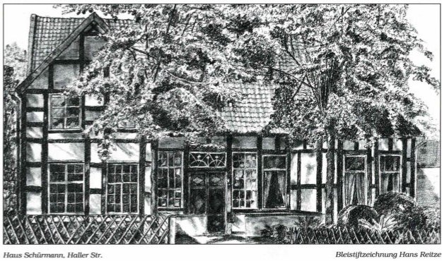Haus Schürmann, Haller Straße (Bleistiftzeichnung Hans Reitze)