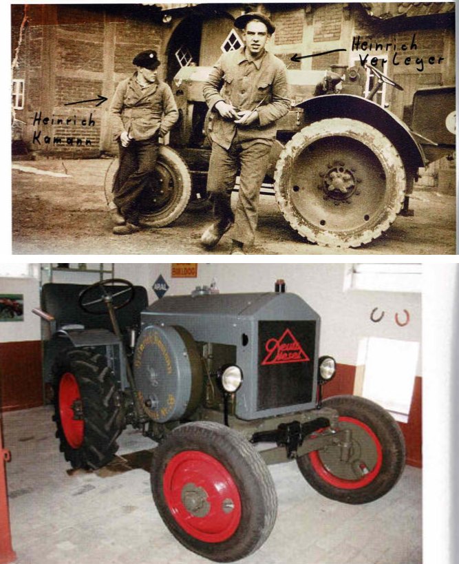 Historisches Bild von 1938 mit Heinrich Kamann; sowie der 2010 restaurierte 80-jährige Deutz MTZ mit Wiesenwal