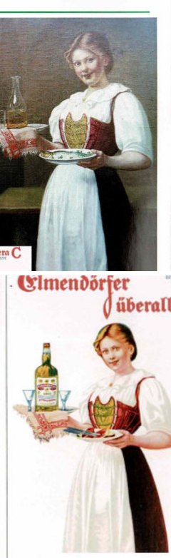 Oben das Original "Die Serviererin" von Ludwig Kohrl, unten die daraus entwickelte Werbung