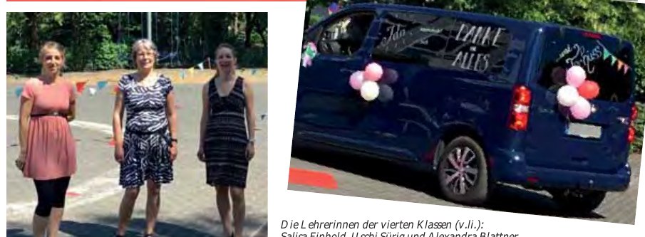s der Grundschule Isselhorst: geschmückte Autos auf dem Schulhof sowie Porträt der Lehrerinnen der vierten Kla