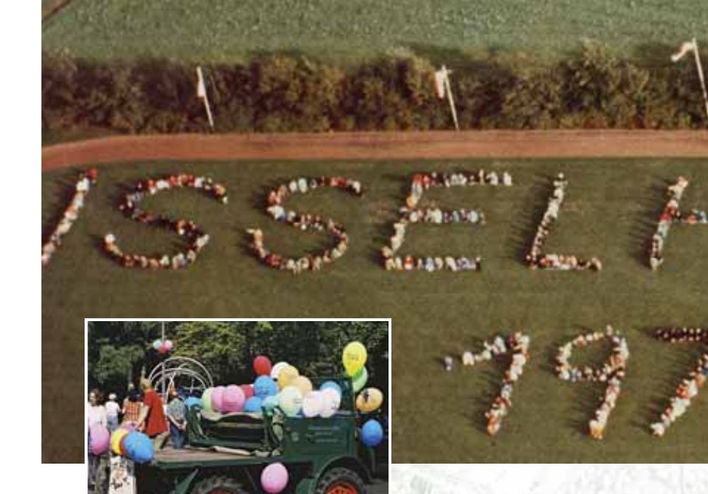 Historisches Luftbild von 1975 mit dem Schriftzug 'Isselhorst 1975', aus einem Flugzeug fotografiert von Hans
